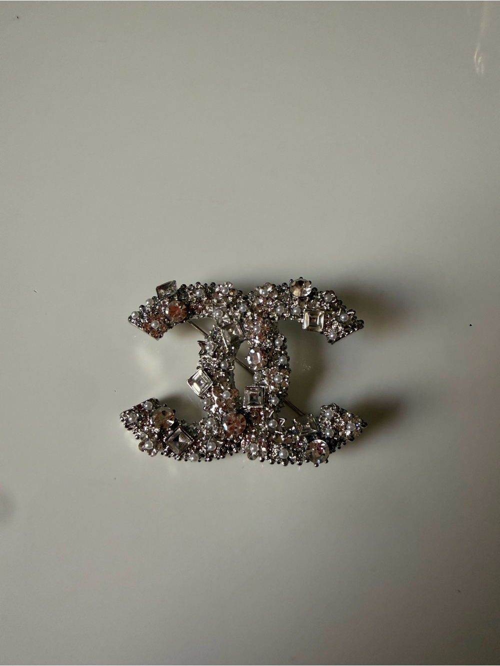 Crystal Double-C Motif Brooch in Silver